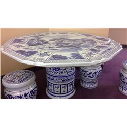 Hand Crafted Chinese Porcelain Pedestal  Dinette Table and 6 Matching Porcelain  Stools.  (Table is 