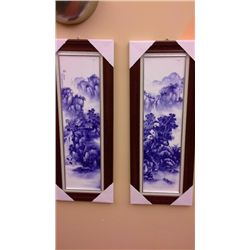 Pair Framed Chinese Porcelain Blue/White  Panels (14" X 35.5")