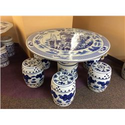Hand Crafted Chinese Porcelain Pedestal  Dinette Table and 6 Matching Porcelain  Stools.  (Table is 