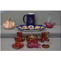 Selection of collectibles including set of cranberry glass with hand painted gilt and portrait decor