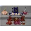 Image 1 : Selection of collectibles including set of cranberry glass with hand painted gilt and portrait decor