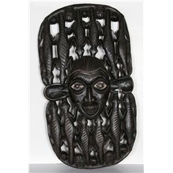 African Face with Lizards, Hand-Carved Wood Wall Sculpture