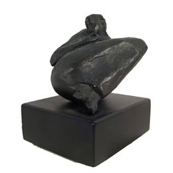 Woman in Blanket Holding Face, Bronze Sculpture