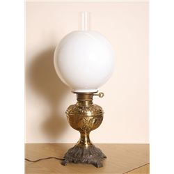 Brass Lamp with long glass cylinder and white glass globe
