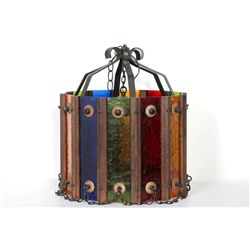 Hanging Multi-Color Lamp Fixture, Colored Glass and Painted Metal