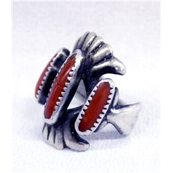 Old Pawn Navajo Silver Sand Case Coral Ring, 7.25