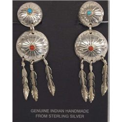 Navajo Sterling Turquoise Coral Clip On Earrings