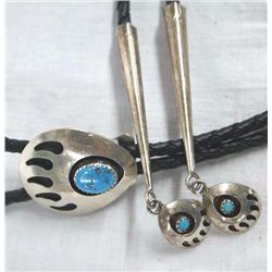 Navajo Sterling Turquoise Bear Paw Bolo Tie
