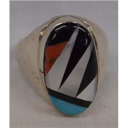 Zuni Silver Stone to Stone Inlay Ring, Size 10.75