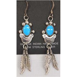 Navajo Sterling Turquoise Feather Dangle Earrings