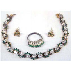 Sterling Bracelet, Earrings & Ring, Emeralds, CZ's