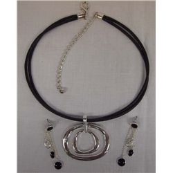 Chico's Black Leather & Silver Pendant & Earrings