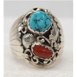 Navajo Sterling Turquoise & Coral Ring, Sz 12 1/2