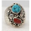 Image 1 : Navajo Sterling Turquoise & Coral Ring, Sz 12 1/2