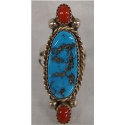 Navajo Sterling Turquoise & Coral Ring by J Sam