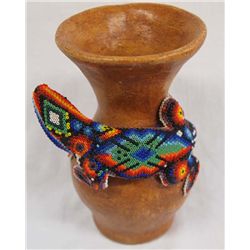 Huichol Hand Bead Lizard on Pottery Vase