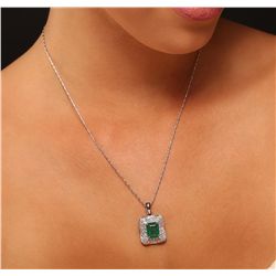 14KT White Gold 3.21ct Emerald and Diamond Pendant With Chain