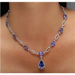 14KT White Gold 27.20ctw Tanzanite and Diamond Necklace