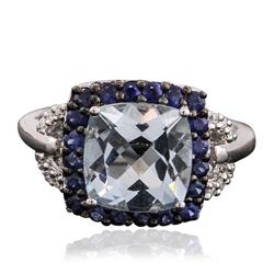 14KT White Gold 2.54ct Aquamarine, Sapphire and Diamond Ring