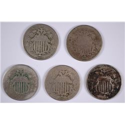 (5) SHIELD NICKEL (66, 67 W/RAYS, 67, 68, 69)