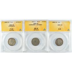 3 - LIBERTY NICKELS, ALL ANACS, 1884, 1890 & 1892