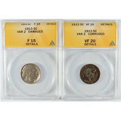 2 - 1913 TYPE 2 BUFFALO NICKELS, BOTH ANACS, VF 20 DETAILS &  F 15 DETAILS