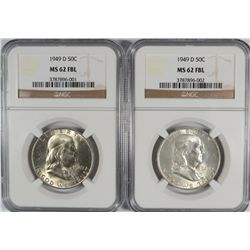 ( 2 ) 1949-D FRANKLIN HALF DOLLARS, NGC MS-62 FBL