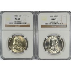 LOT OF ( 2 ) 1953-S FRANKLIN HALF DOLLARS, NGC MS-63