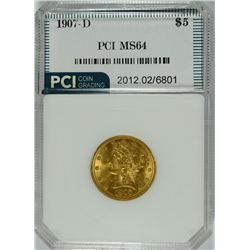 1907-D $5.00 LIBERTY GOLD, PCI MS-64
