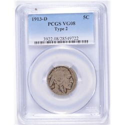 1913-D TYPE-2 BUFFALO NICKEL, PCGS VG-8