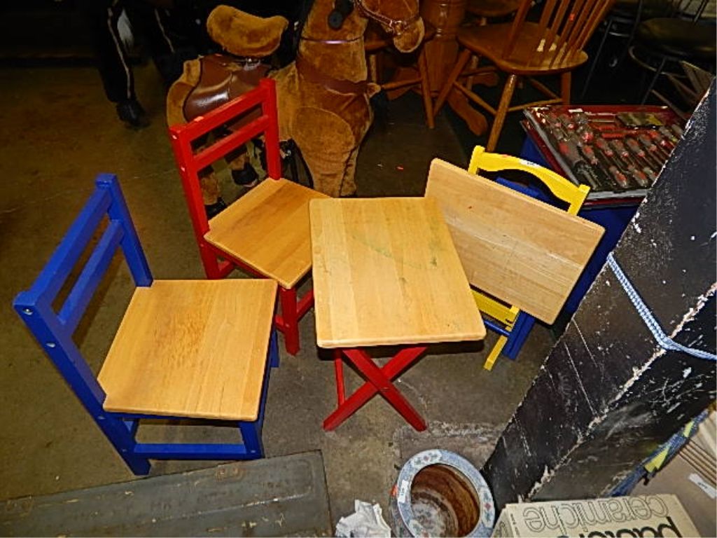 CHILD'S FOLDING TABLES, STAND AND 2 CHAIRS