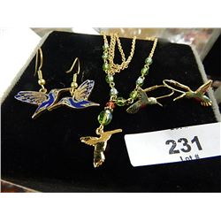 HUMMING BIRDS - NECKLACE AND 2 PAIR OF EARINGS