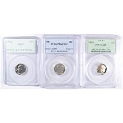 ( 3 ) PCGS GRADED ROOSEVELT DIMES: 1957 Pf-66 CAM, 1962 Pf-67 & 1963 Pf-67 CAM
