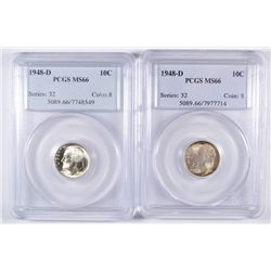 LOT OF ( 2 ) 1948-D ROOSEVELT DIMES, PCGS MS-66!