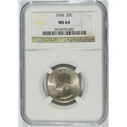 1936 WASHINGTON QUARTER, NGC MS-64