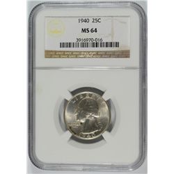 1940 WASHINGTON QUARTER, NGC MS-64