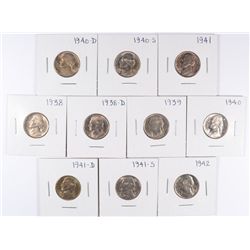 (10) JEFFERSON NICKELS (38, 38-D, 39, 40, 40-D, 40-S, 41, 41-D, 41-S, 42)