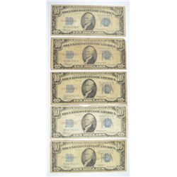 (5) $10 SILVER CERTIFICATES (BLUE SEAL)