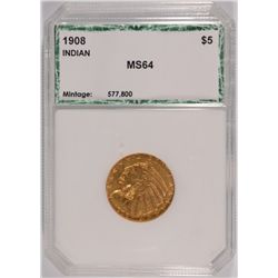 1908 $5.00 INDIAN GOLD PCI MS-64