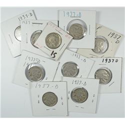 (10) 1937-D BUFFALO NICKELS