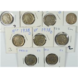 (9) 1938-D BUFFALO NICKELS
