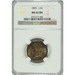 1835 HALF CENT NGC MS-62 BN