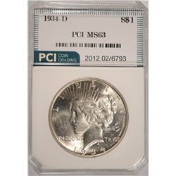 1934-D PEACE SILVER DOLLAR, PCI MS-63