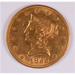 1855 $10 GOLD LIBERTY MS-61 CLEANED