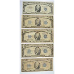 (5) $10 SILVER CERTIFICATES (BLUE SEAL)