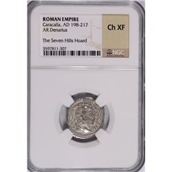 ROMAN EMPIRE ANCIENT SILVER DENARIUS, CARACALLA,  A.D. 198-217 NGC CH XF RARE!!