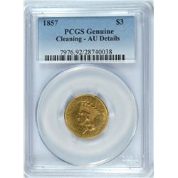 1857 $3 GOLD PCGS AU DETAILS
