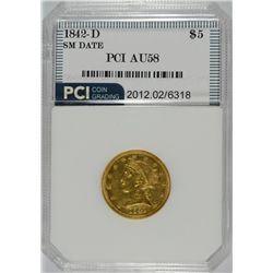 1842-D SMALL DATE $$5.00 GOLD, PCI AU-58 RARE!!