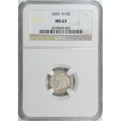 1833 BUST HALF DIME NGC MS-63 WHITE! RARE!