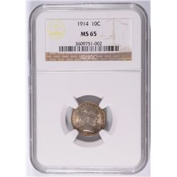 1914 BARBER DIME NGC MS-65 GORGEOUS COLORS!
